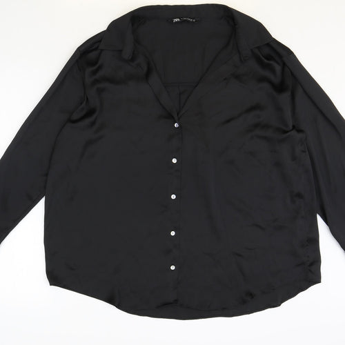 Zara Womens Black Polyester Basic Button-Up Size 2XL V-Neck