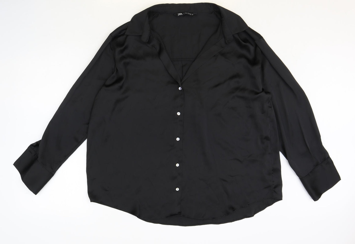 Zara Womens Black Polyester Basic Button-Up Size 2XL V-Neck