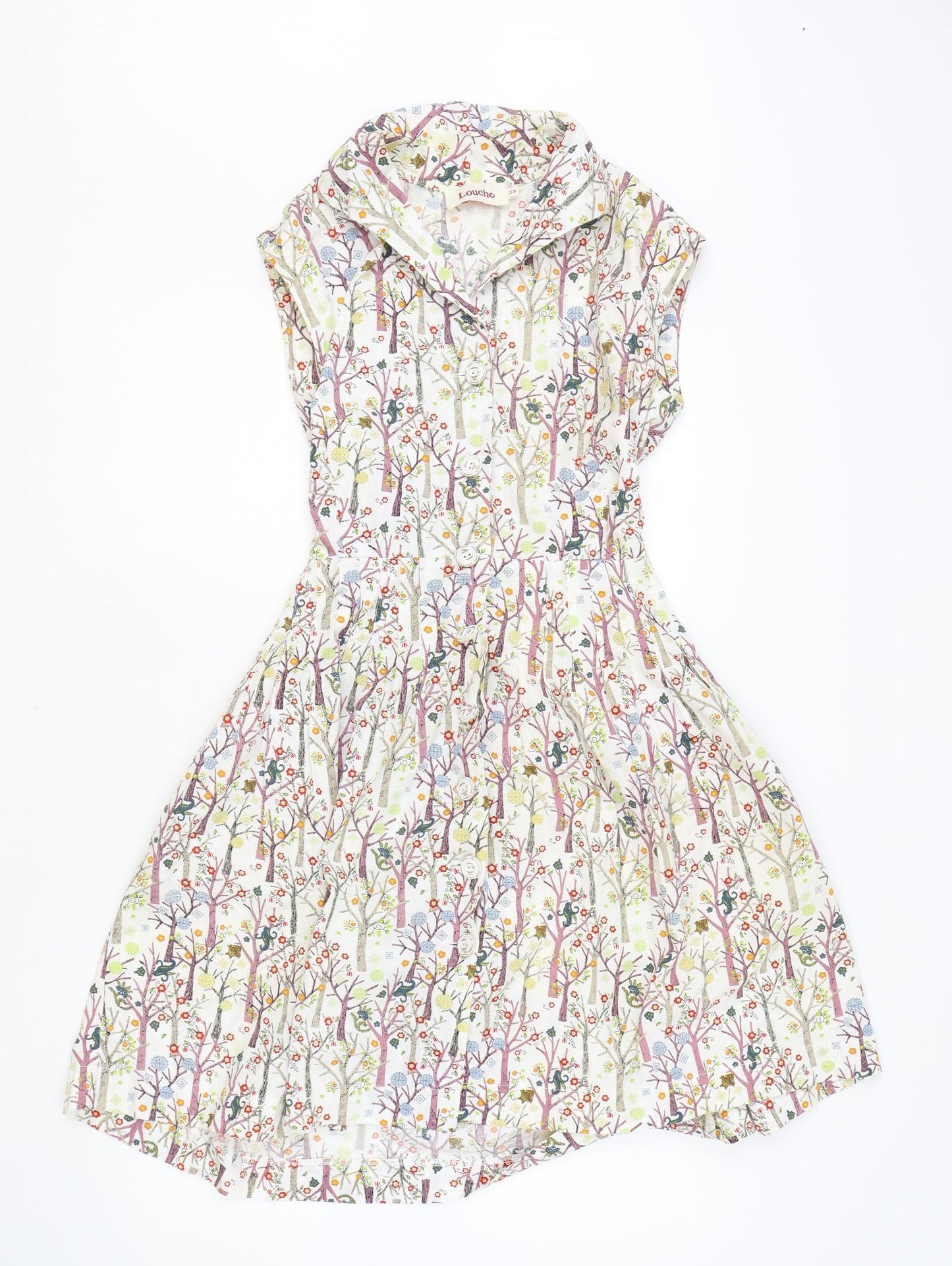 Louche Womens Ivory Geometric 100% Cotton A-Line Size 12 Collared Button - Tree Print