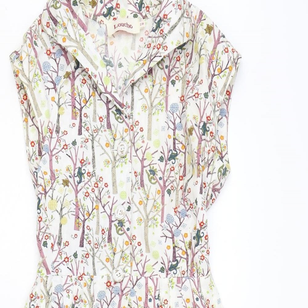Louche Womens Ivory Geometric 100% Cotton A-Line Size 12 Collared Button - Tree Print