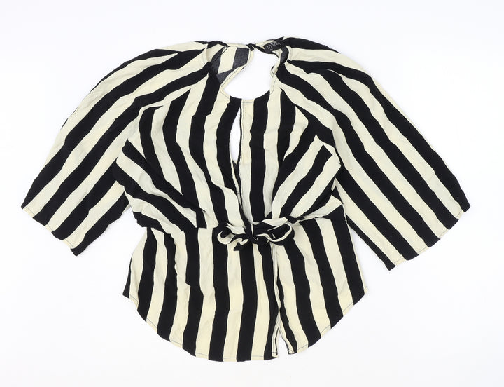 Topshop Womens Ivory Striped Viscose Basic Blouse Size 12 Round Neck - Keyhole Neckline, Open Back