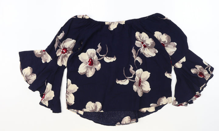 Apricot Womens Blue Floral Viscose Cropped Blouse Size 8 Boat Neck