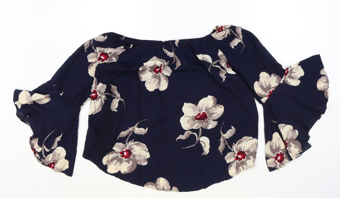Apricot Womens Blue Floral Viscose Cropped Blouse Size 8 Boat Neck