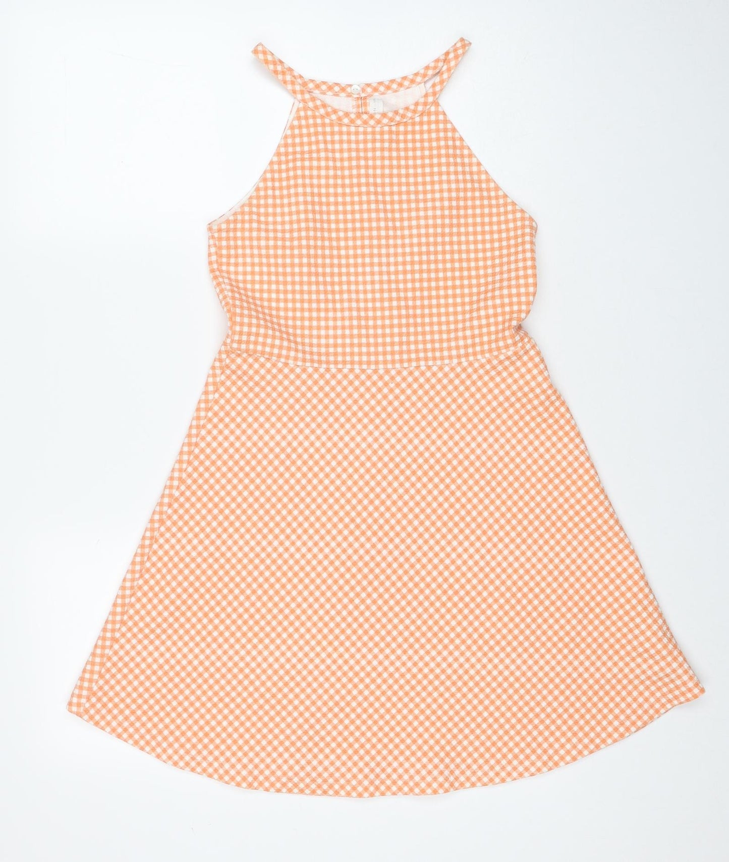 Zara Girls Orange Check Cotton Skater Dress Size 13-14 Years Round Neck Button