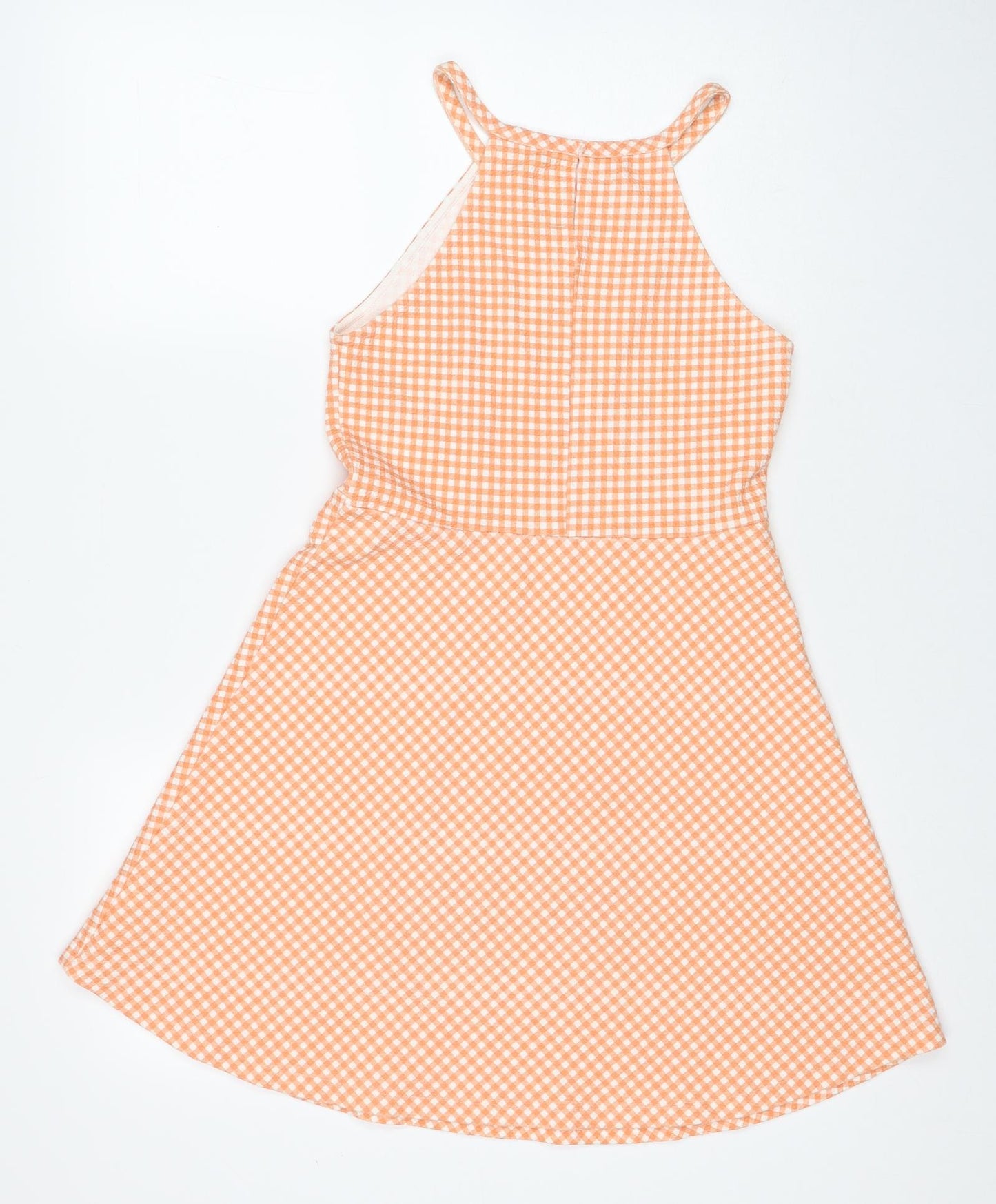 Zara Girls Orange Check Cotton Skater Dress Size 13-14 Years Round Neck Button