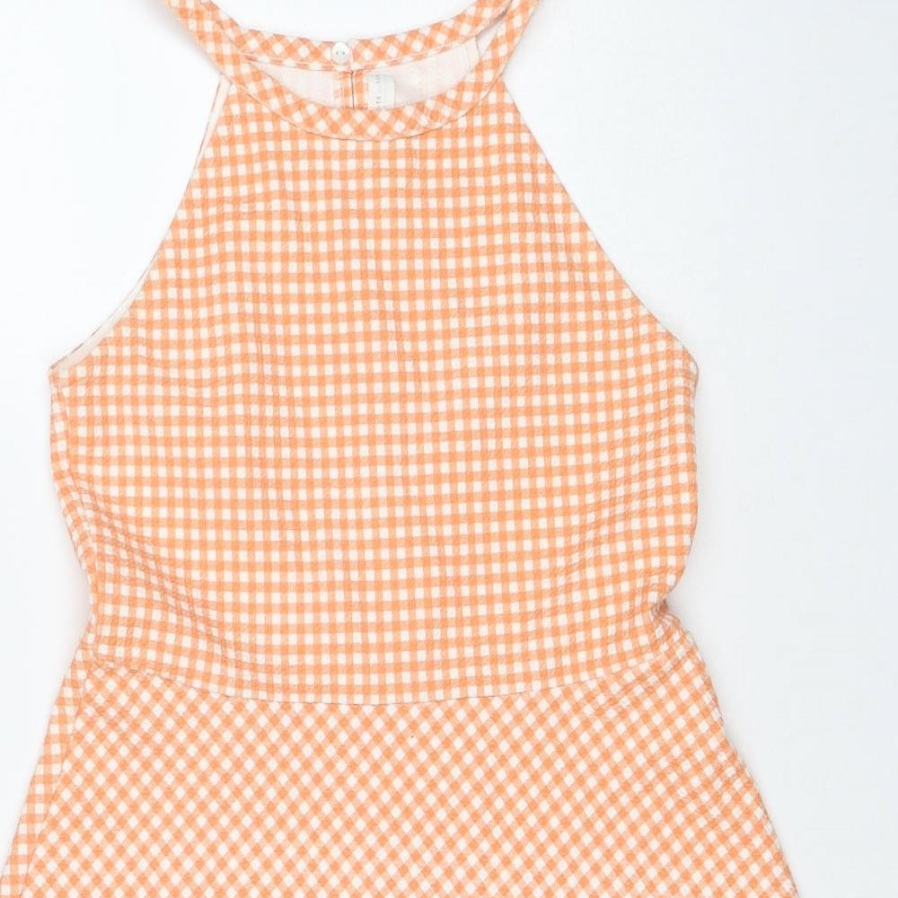 Zara Girls Orange Check Cotton Skater Dress Size 13-14 Years Round Neck Button