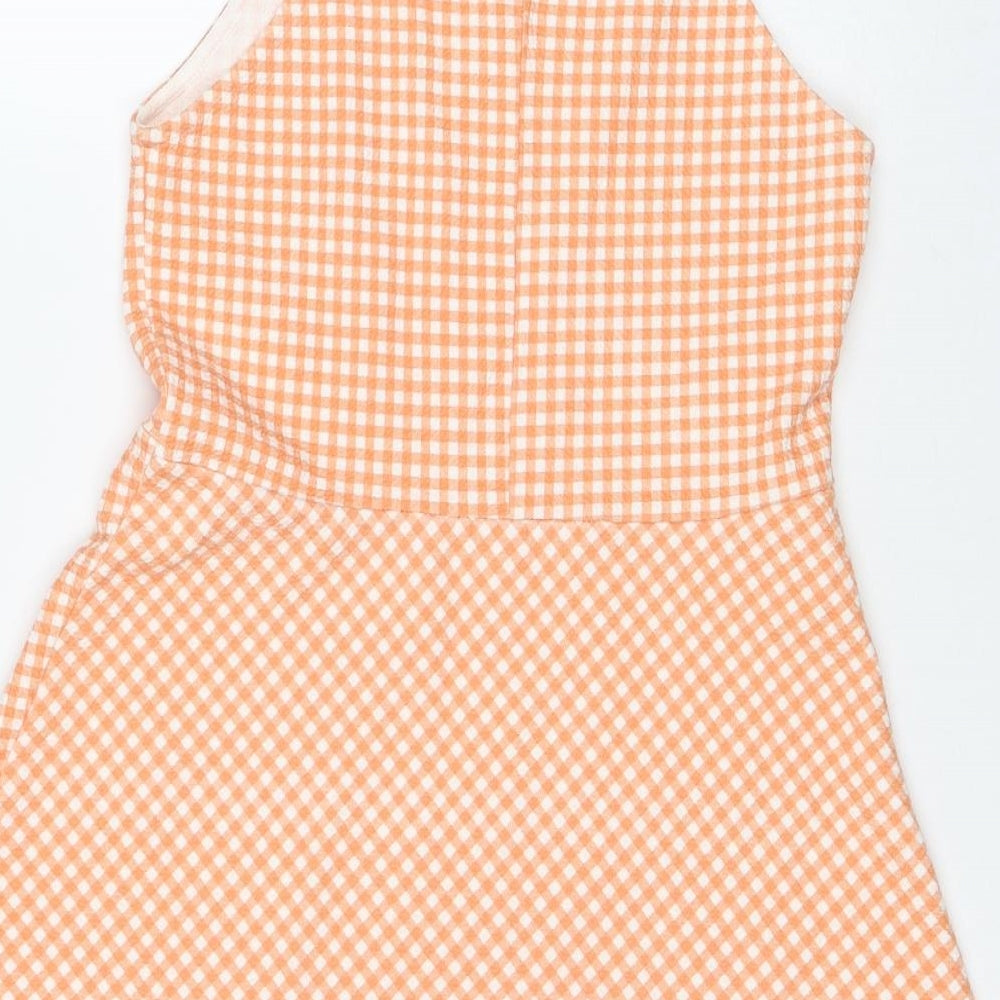 Zara Girls Orange Check Cotton Skater Dress Size 13-14 Years Round Neck Button