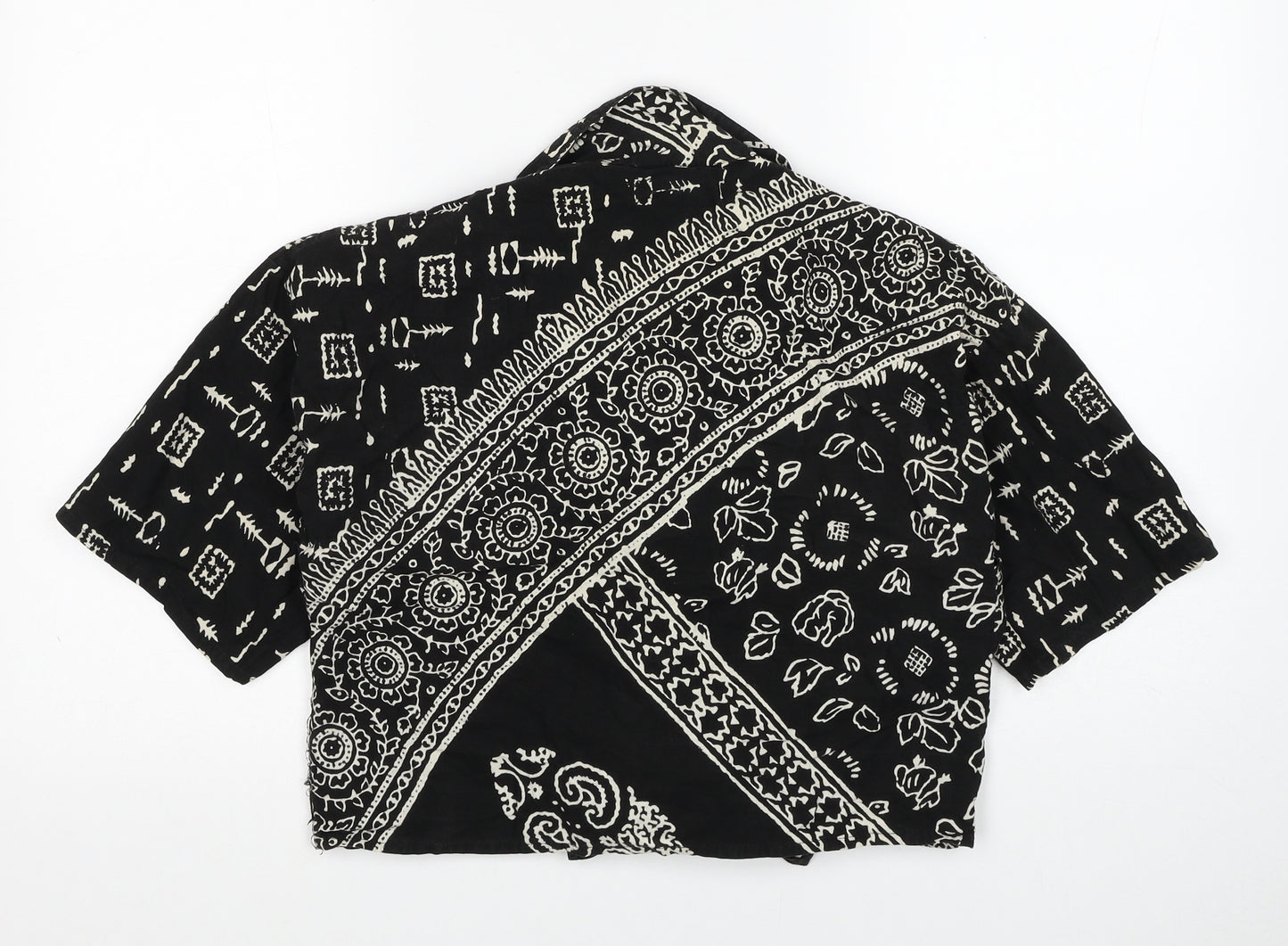 Chadia Womens Black Geometric Cotton Cropped Blouse Size M V-Neck