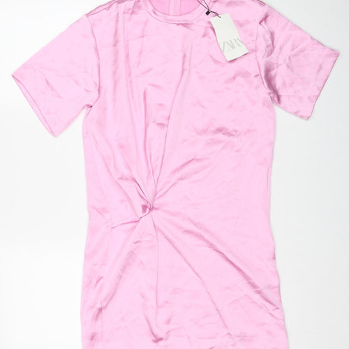Zara Womens Pink Polyester T-Shirt Dress Size S Round Neck Zip