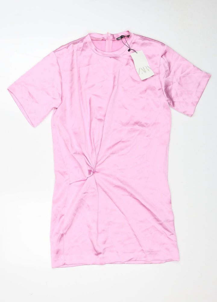 Zara Womens Pink Polyester T-Shirt Dress Size S Round Neck Zip