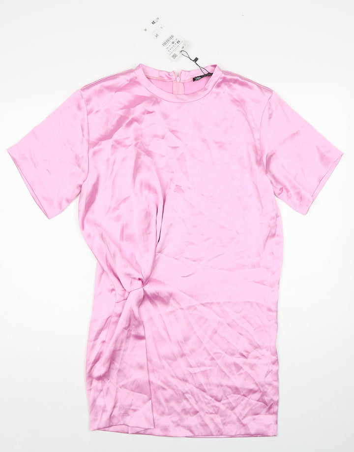 Zara Womens Pink Polyester T-Shirt Dress Size M Round Neck Zip