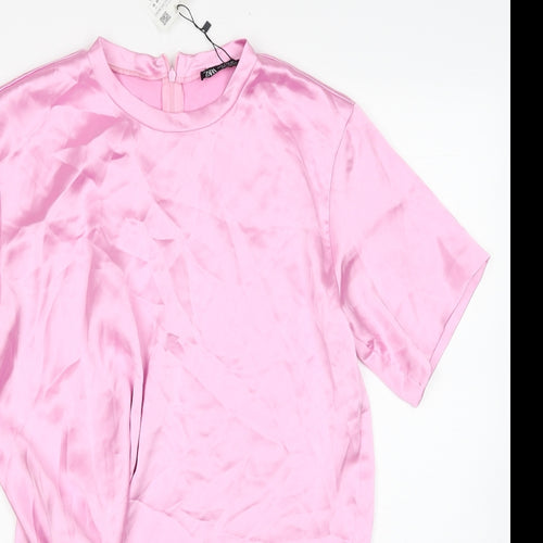 Zara Womens Pink Polyester T-Shirt Dress Size M Round Neck Zip