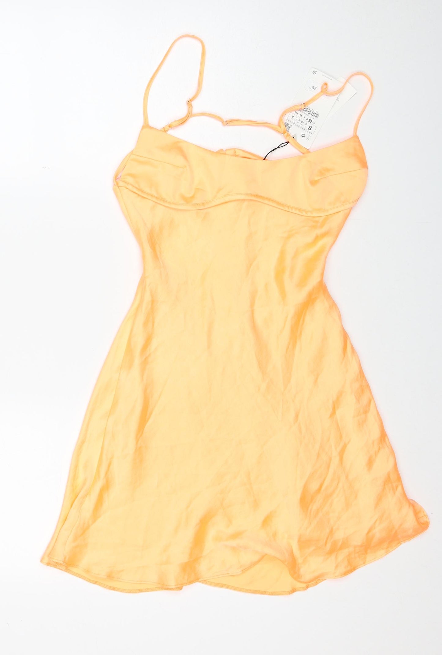 Zara Womens Orange Polyester Slip Dress Size S Scoop Neck Zip