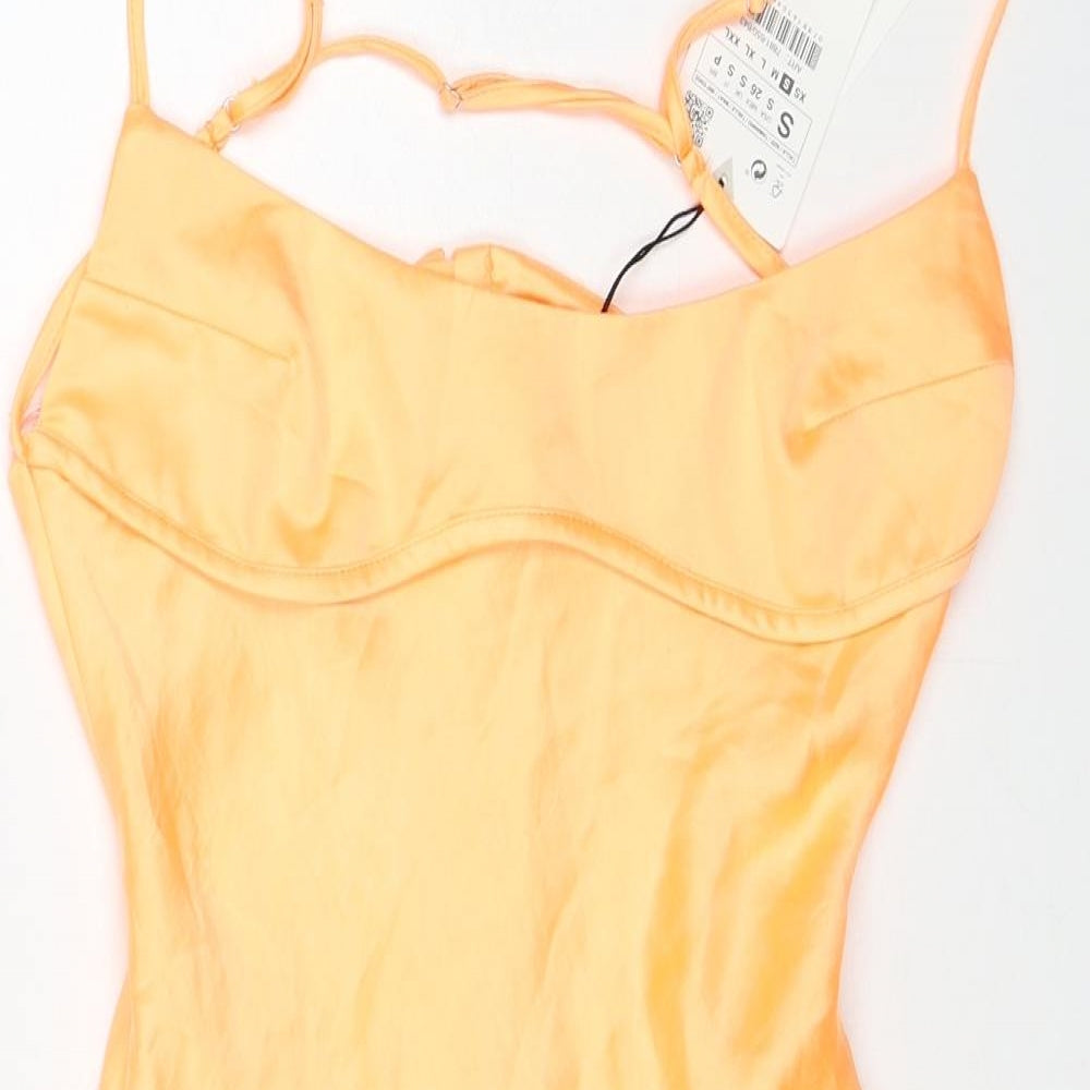 Zara Womens Orange Polyester Slip Dress Size S Scoop Neck Zip