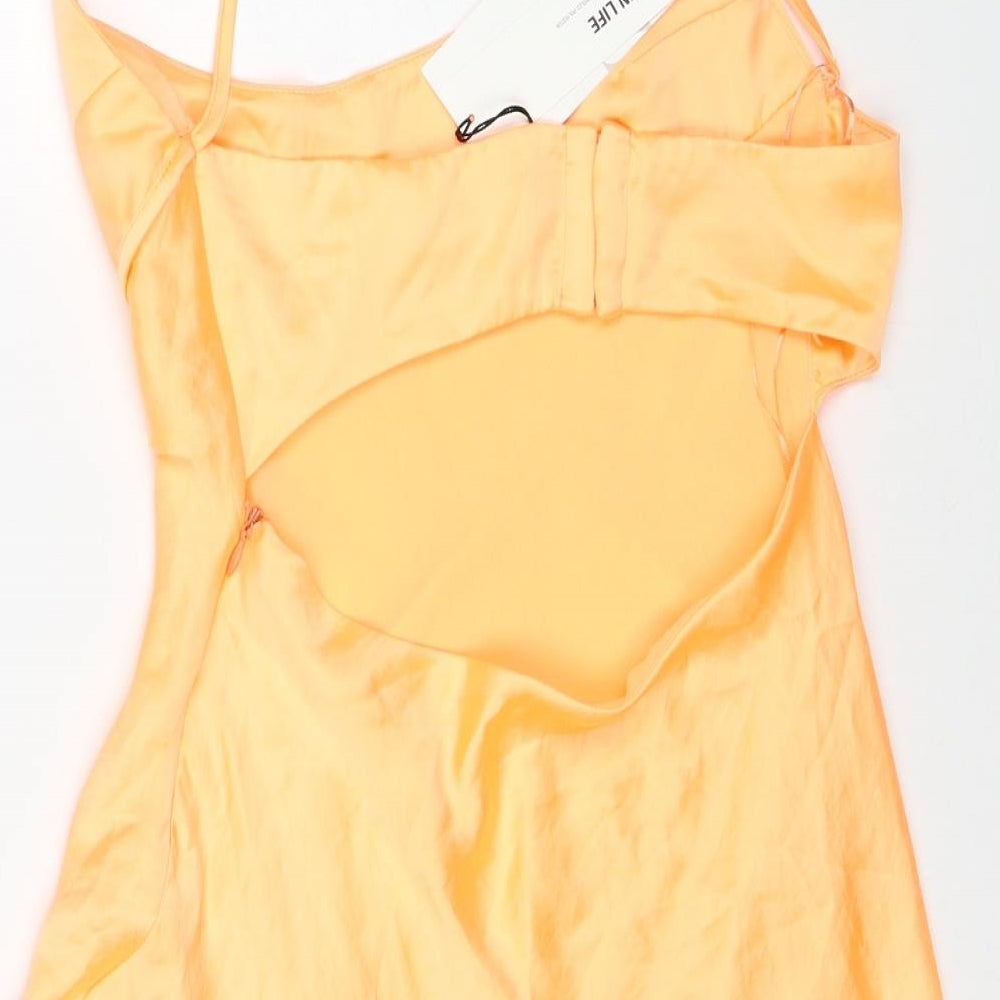 Zara Womens Orange Polyester Slip Dress Size S Scoop Neck Zip