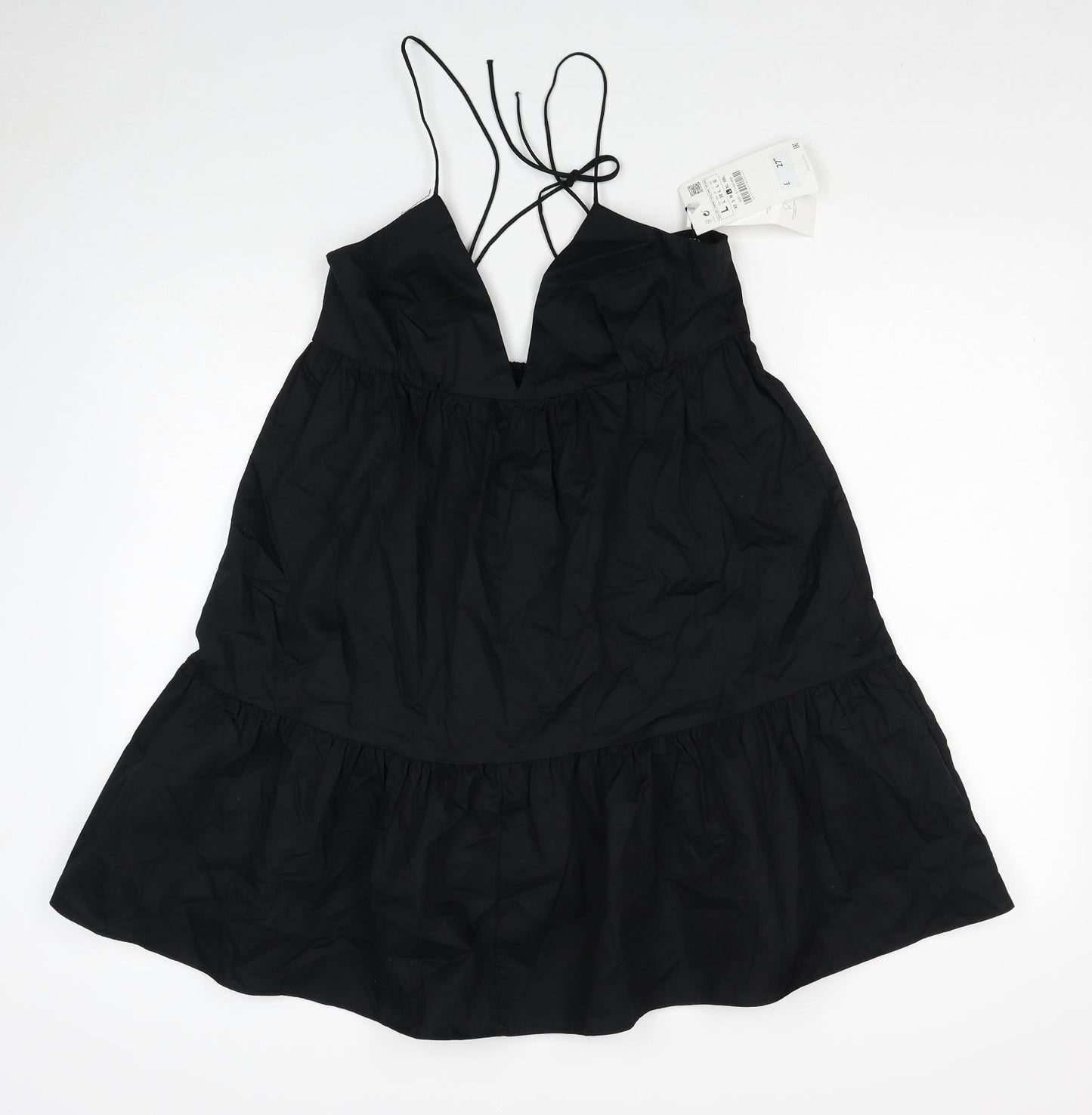 Zara Womens Black Cotton A-Line Size S V-Neck Tie