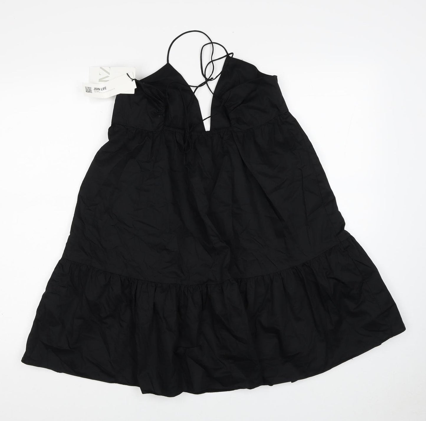 Zara Womens Black Cotton A-Line Size S V-Neck Tie