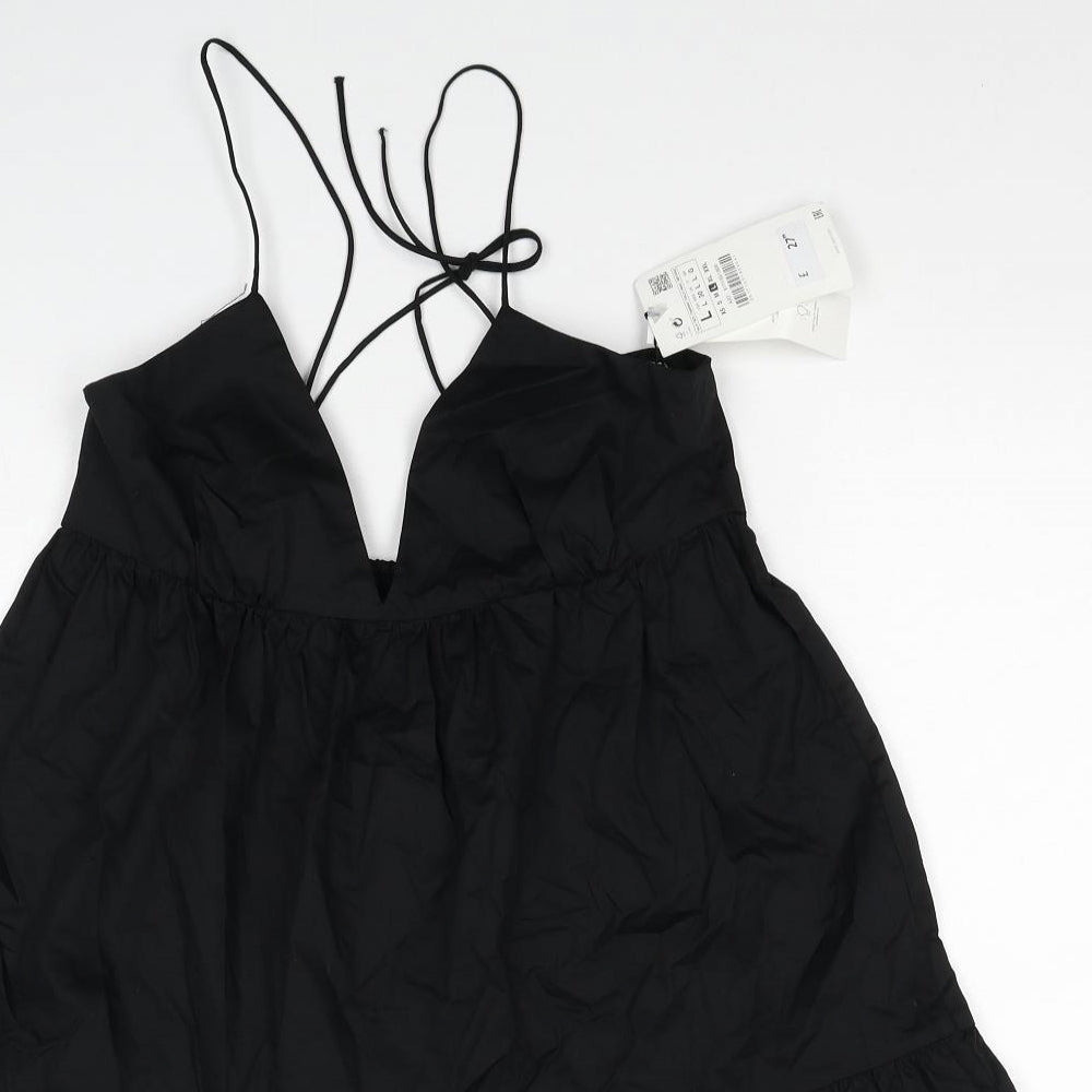 Zara Womens Black Cotton A-Line Size S V-Neck Tie