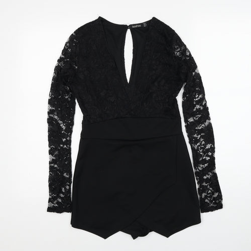 Boohoo Womens Black Polyester Playsuit One-Piece Size 6 Button