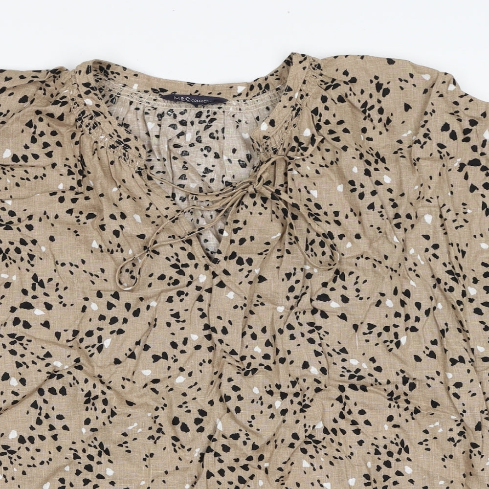 Marks and Spencer Womens Brown Geometric Linen Basic Blouse Size 22 V-Neck