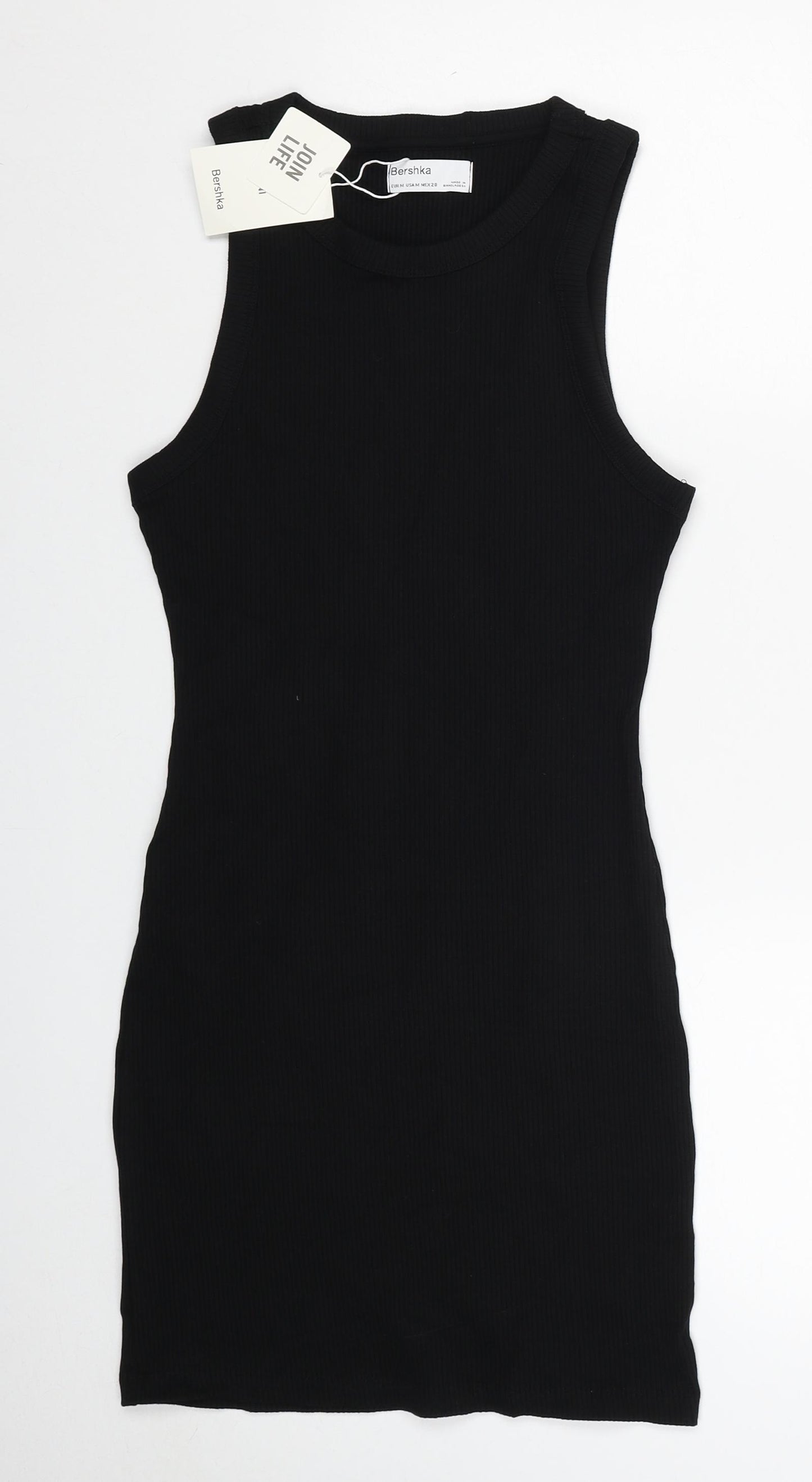 Bershka Womens Black Polyamide Pencil Dress Size M Round Neck Pullover