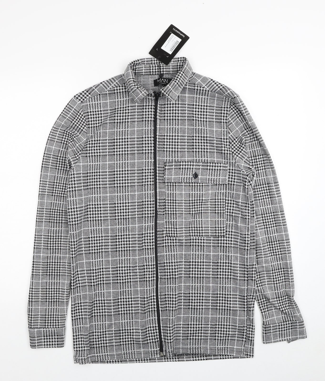 Boohoo Mens Black Plaid Overcoat Jacket Size S Zip