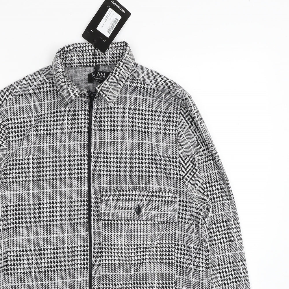 Boohoo Mens Black Plaid Overcoat Jacket Size S Zip