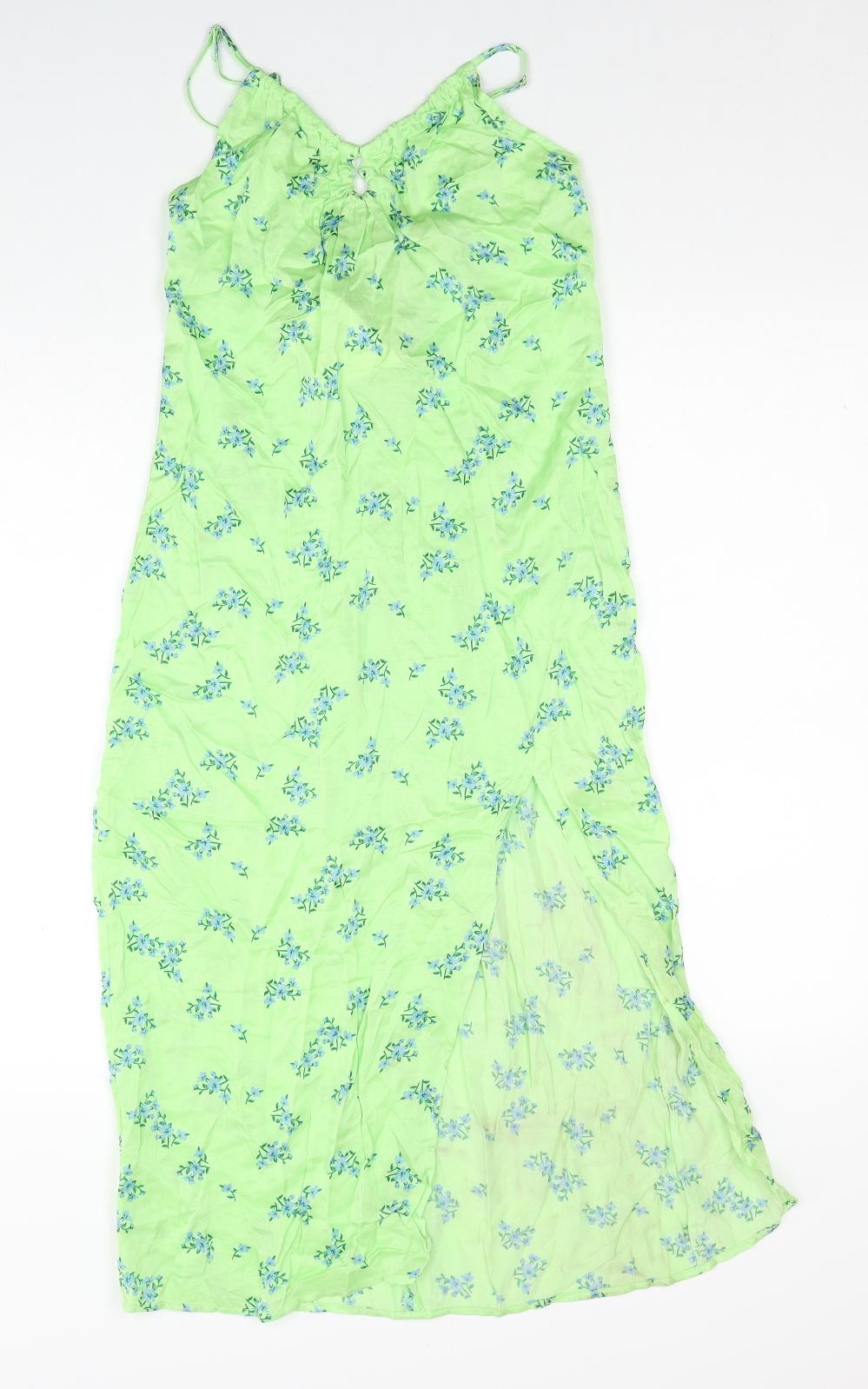 Zara Womens Green Geometric Viscose A-Line Size S V-Neck Pullover - Ring Detail