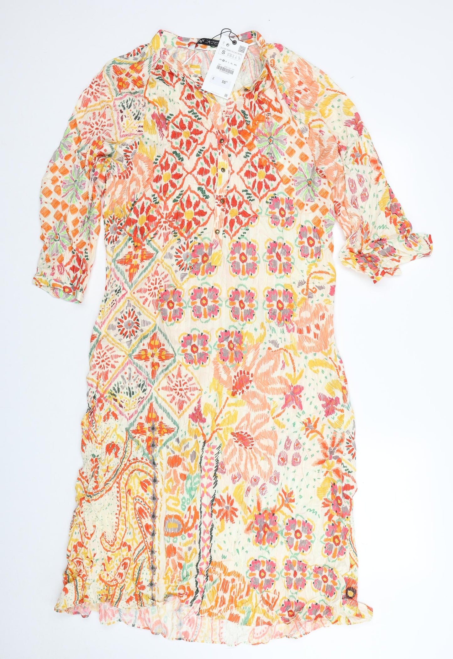 Zara Womens Multicoloured Geometric Viscose A-Line Size S Round Neck Button