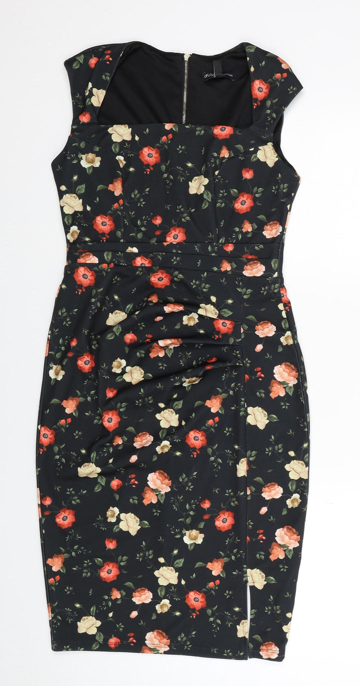 GFLock Womens Black Floral Nylon Shift Size 8 Square Neck Zip