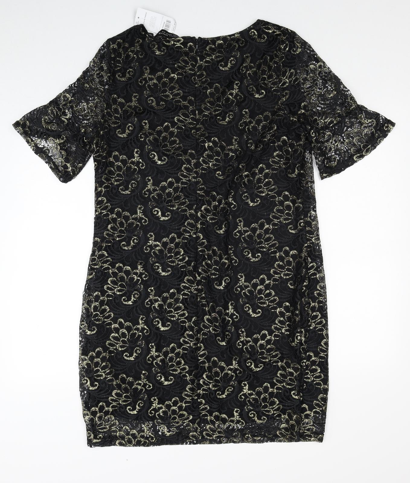 Dorothy Perkins Womens Black Geometric Nylon T-Shirt Dress Size 14 Round Neck Zip