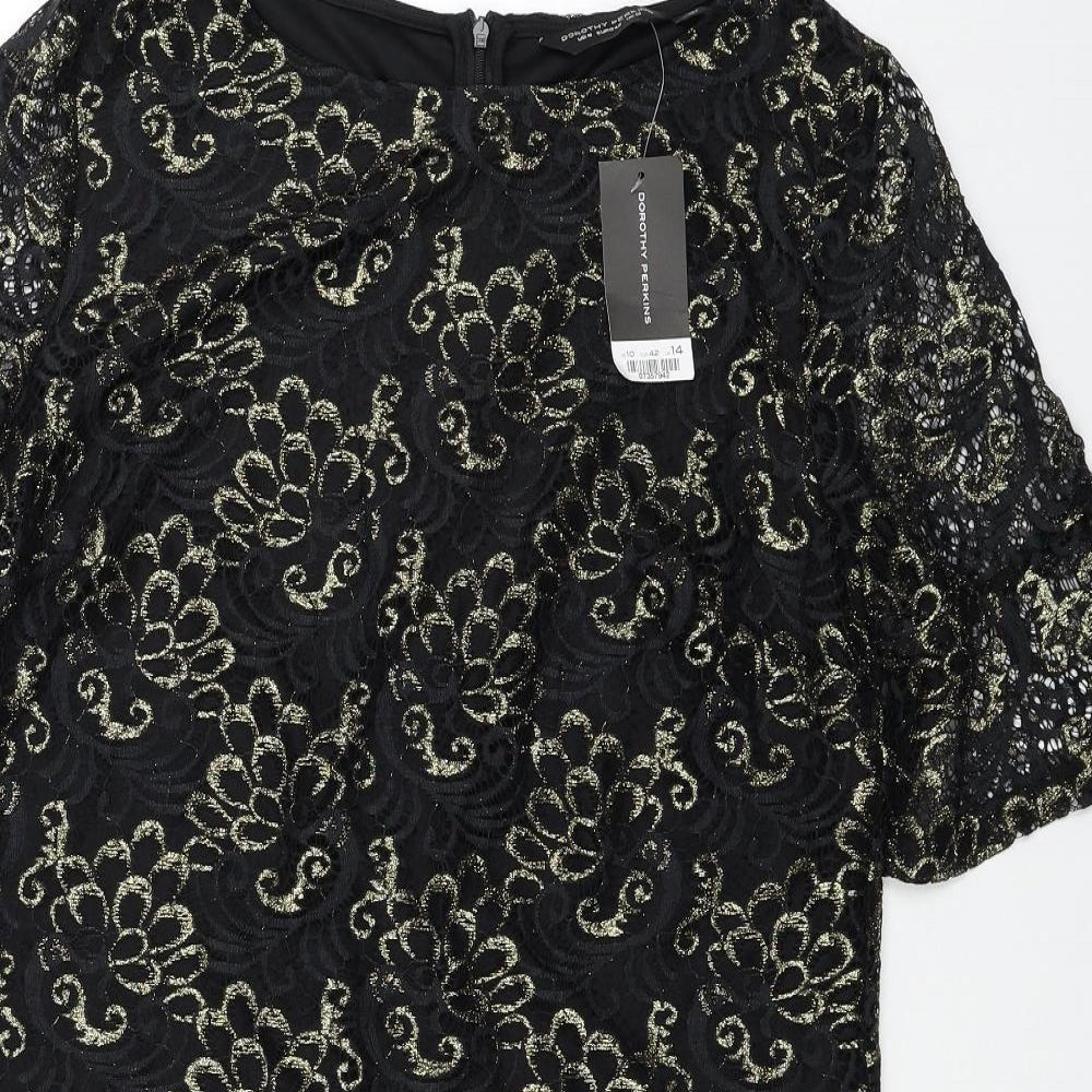 Dorothy Perkins Womens Black Geometric Nylon T-Shirt Dress Size 14 Round Neck Zip