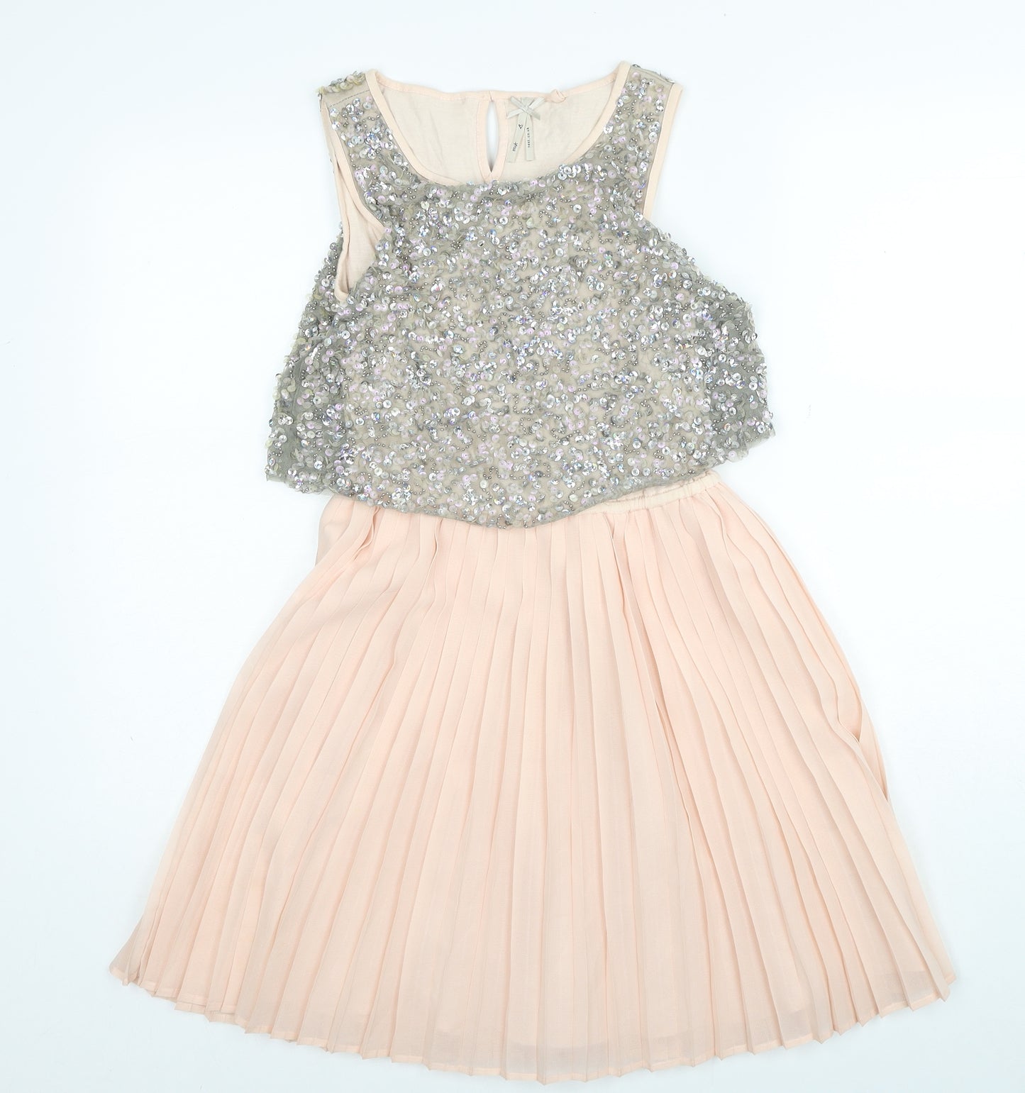 NEXT Girls Pink Polyester Skater Dress Size 12 Years Round Neck Button
