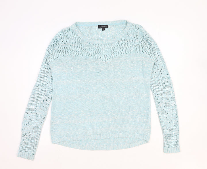 Warehouse Womens Blue Round Neck Cotton Pullover Jumper Size 10