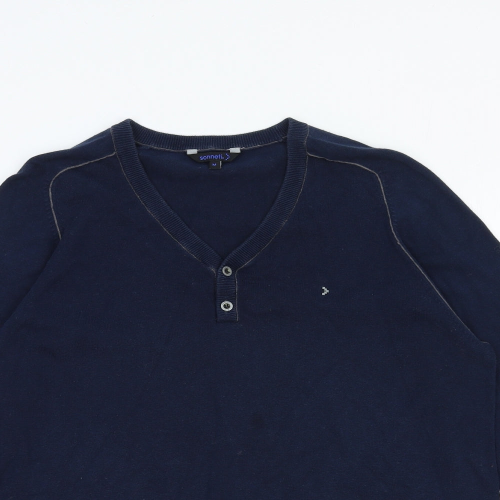 Sonneti Mens Blue V-Neck Cotton Pullover Jumper Size M Long Sleeve
