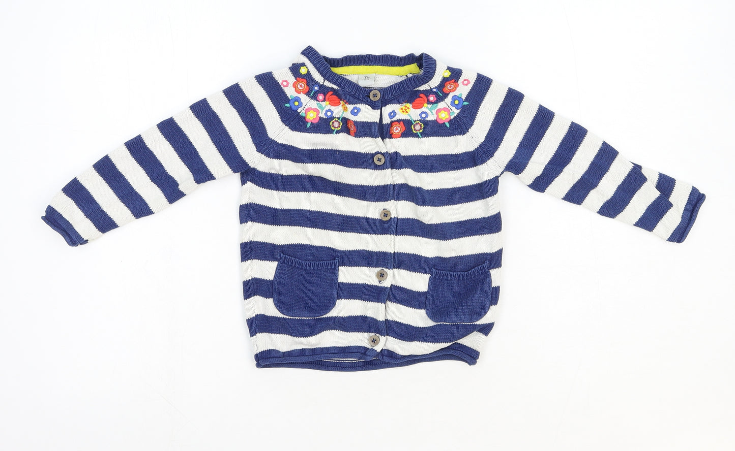 TU Girls Multicoloured Round Neck Striped Cotton Cardigan Jumper Size 2-3 Years Button - Floral Detail