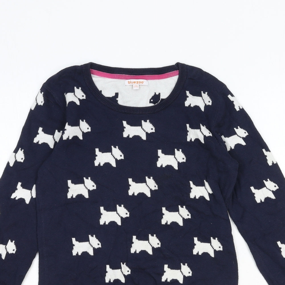 Blue Zoo Girls Blue Round Neck Geometric Cotton Pullover Jumper Size 11-12 Years Pullover - Dog Print