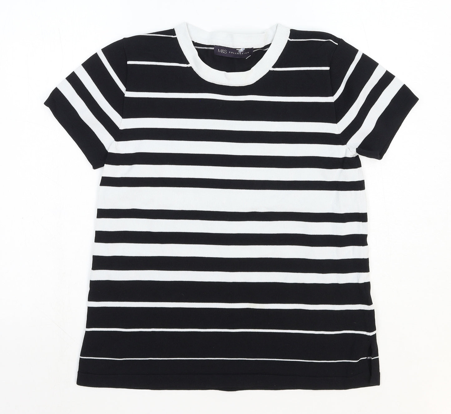 Marks and Spencer Womens Black Striped Polyamide Basic T-Shirt Size 8 Scoop Neck