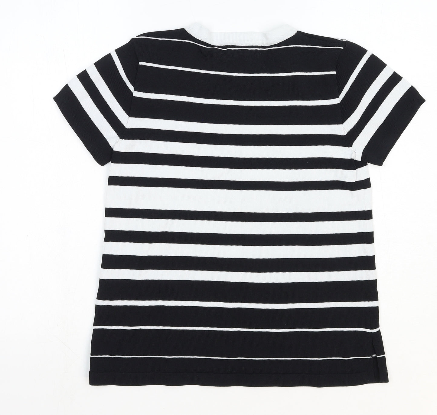 Marks and Spencer Womens Black Striped Polyamide Basic T-Shirt Size 8 Scoop Neck