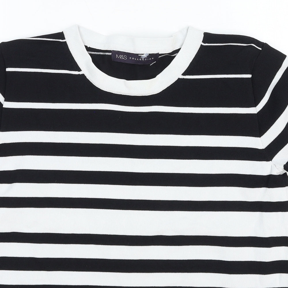Marks and Spencer Womens Black Striped Polyamide Basic T-Shirt Size 8 Scoop Neck
