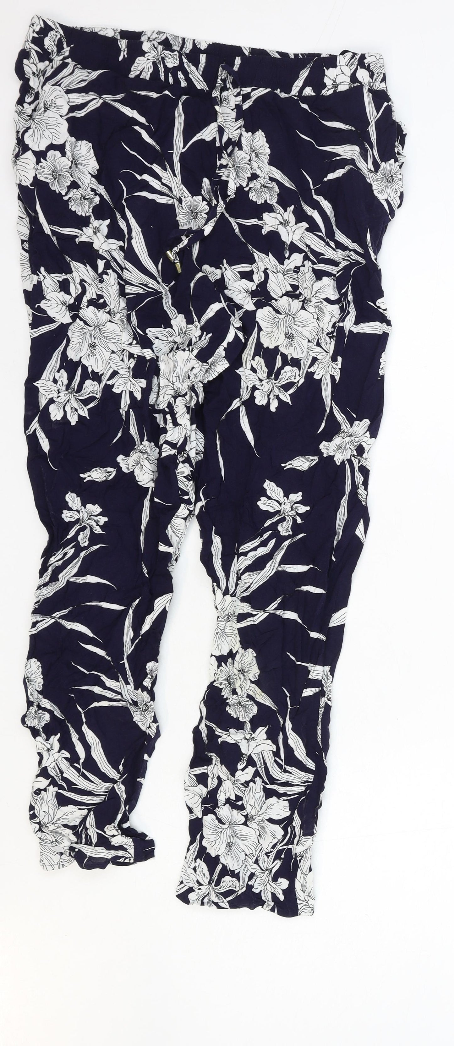 F&F Womens Blue Floral Polyester Trousers Size 14 Regular Tie