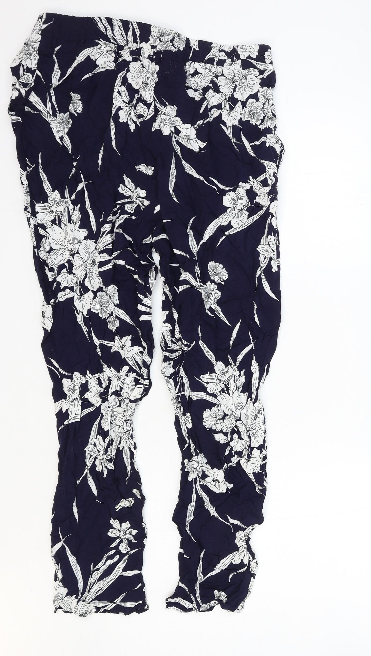 F&F Womens Blue Floral Polyester Trousers Size 14 Regular Tie