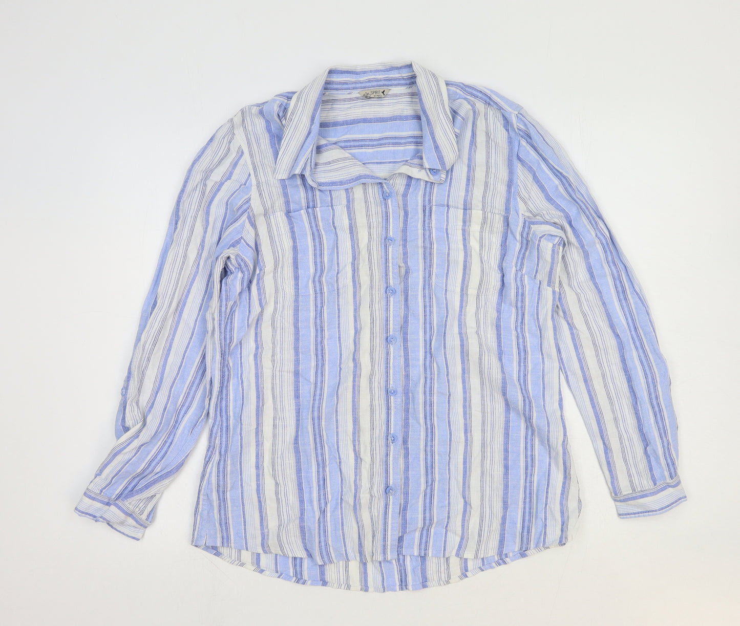 Spirit Womens Blue Striped Linen Basic Button-Up Size 12 Collared