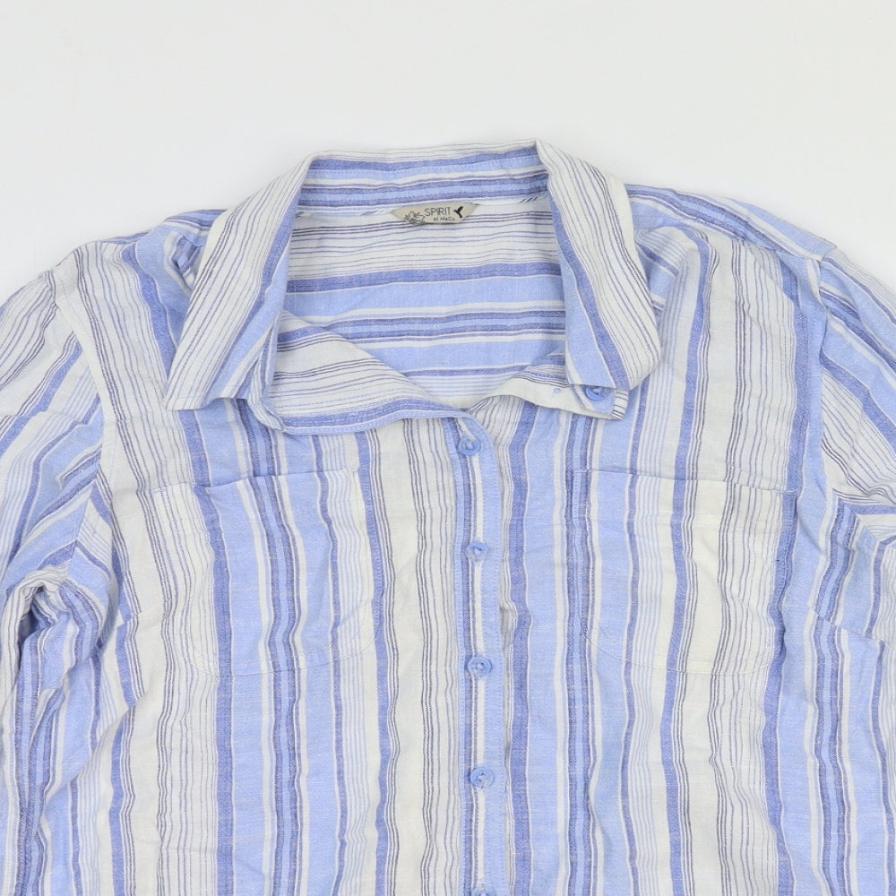 Spirit Womens Blue Striped Linen Basic Button-Up Size 12 Collared