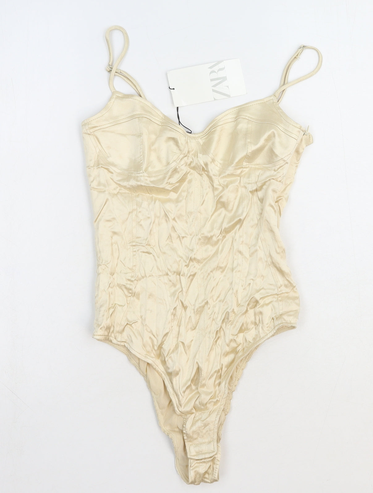 Zara Womens Ivory Polyester Bodysuit One-Piece Size S Zip