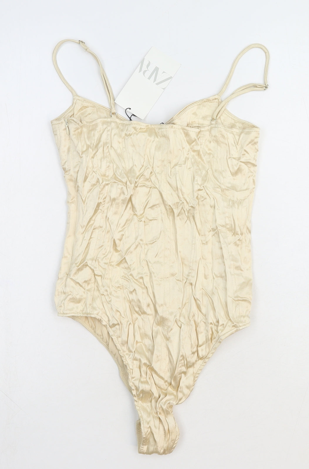 Zara Womens Ivory Polyester Bodysuit One-Piece Size S Zip