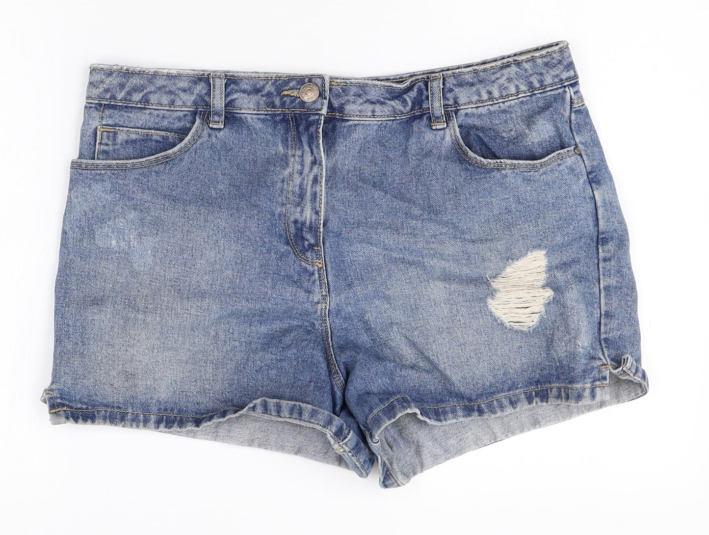 Denim Womens Blue 100% Cotton Hot Pants Shorts Size 12 Regular Zip - Distressed