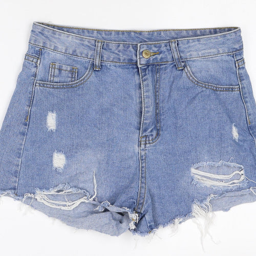 SheIn Womens Blue Herringbone Cotton Cut-Off Shorts Size L Regular Zip - Distressed
