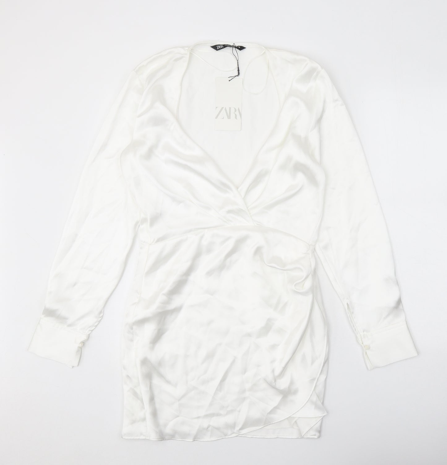 Zara Womens White Polyester A-Line Size M V-Neck Zip