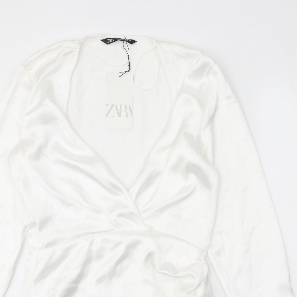 Zara Womens White Polyester A-Line Size M V-Neck Zip